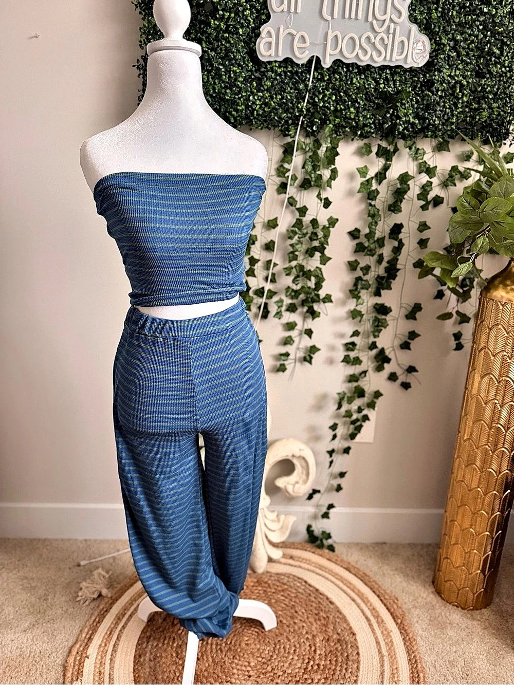 Blue & Green Striped Two-Piece Set Like New